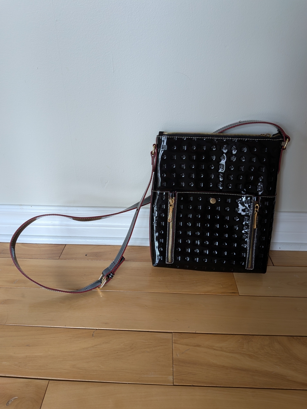 Leather Crossbody Bag - Black with Red Trim